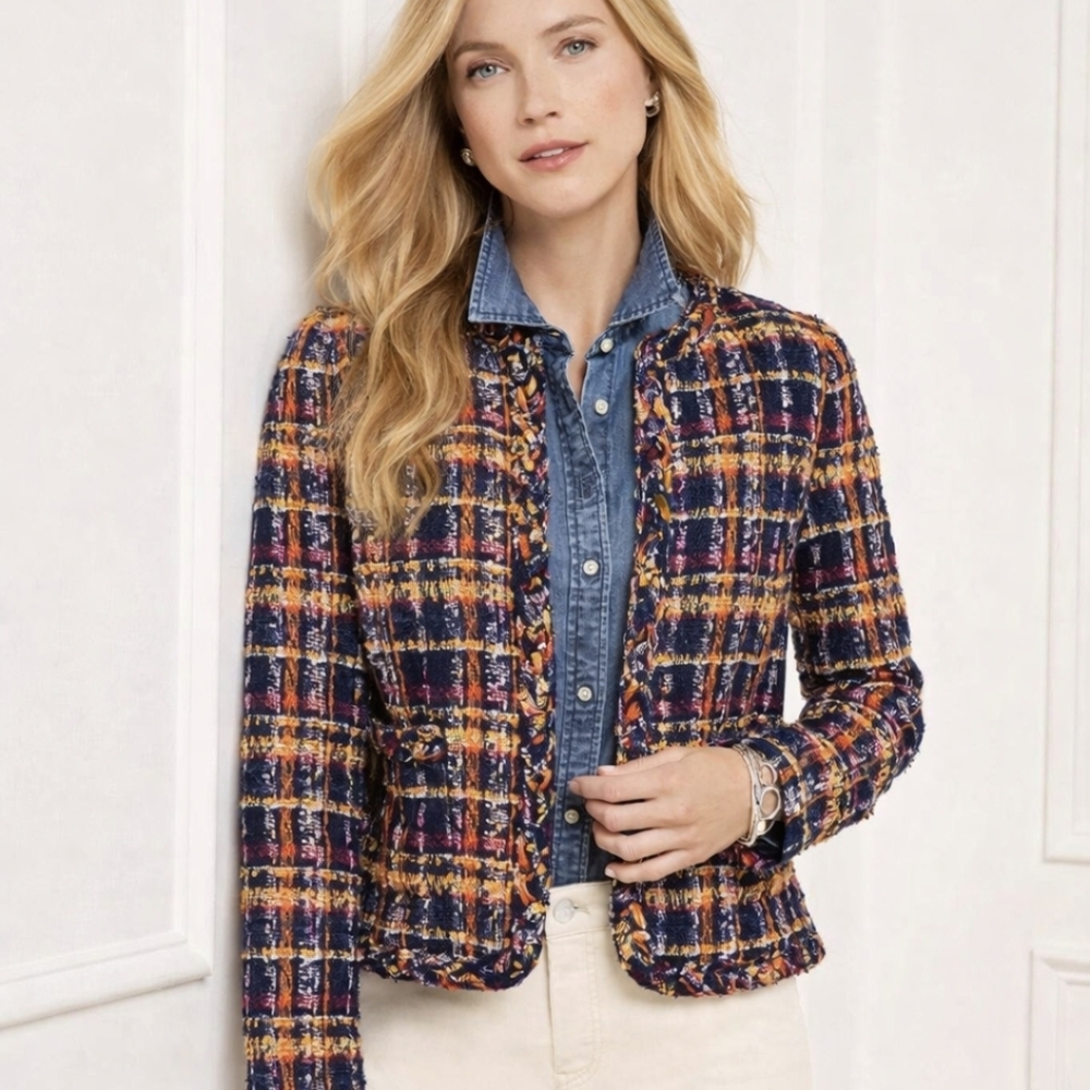 Talbots Tweed Blazer Sunflower Plaid Jacket Navy Colorful Preppy Size 12 Petite